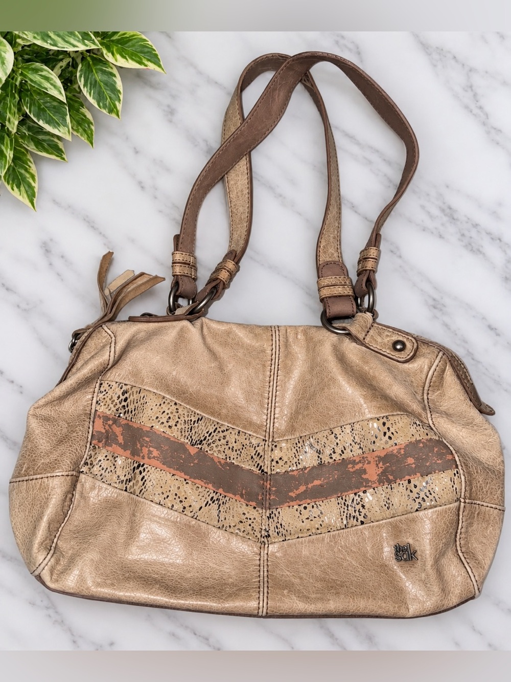 The Sak Distressed Leather Shoulder Bag | Taupe Tan Chevron Satchel